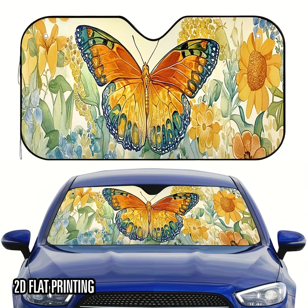 1pc 2D Flat Butterfly And Flower Painting Design Car Sunshade – Foldable, Easy Install With 4 Suction Cups, Keeps Car Cool, Idea