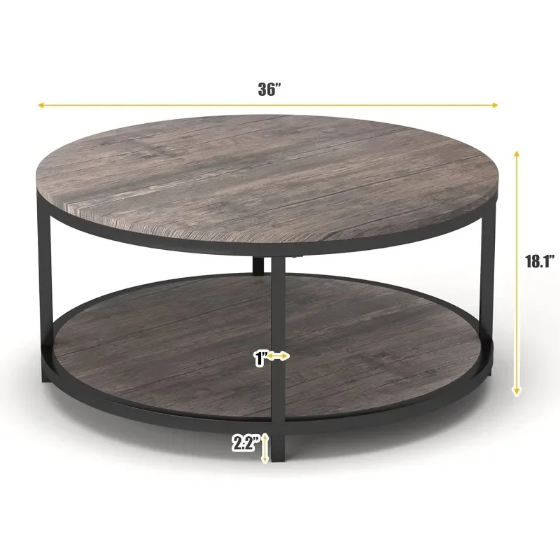 Mesa de café redonda NSdirect para sala de estar, mesa de madeira rústica com prateleira de armazenamento, design moderno, mesa de café de 2 camadas, 36"