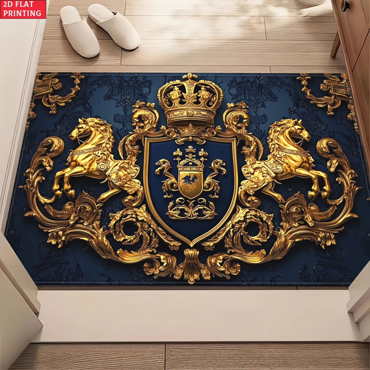 Alfombra Royal Crest de terciopelo y franela, alfombra decorativa con diseño de lujo, decoración para el hogar y la sala de estar al aire libre