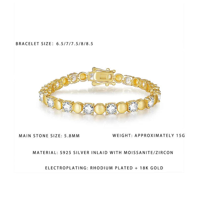 

Luxury S925 Silver Rhodium Plated Bracelet with Moissanite Zircon - 18K Gold Fashion Tennis Bracelet for Daily & Gift