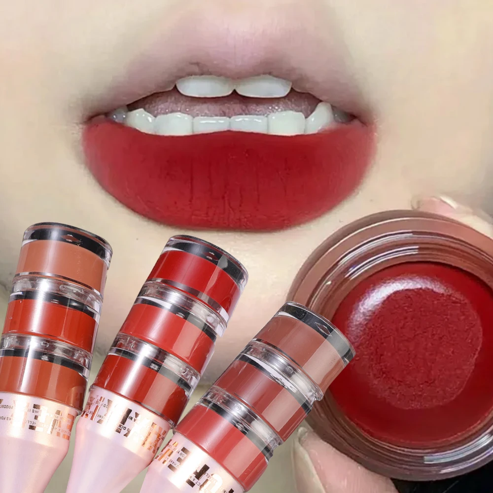 Moisturizing Red Canned Lip Mud Matte Velvet Lasting 3color Mousse Lipstick Set Non-stick Cup Lip Tint Blush Cream Korean Makeup