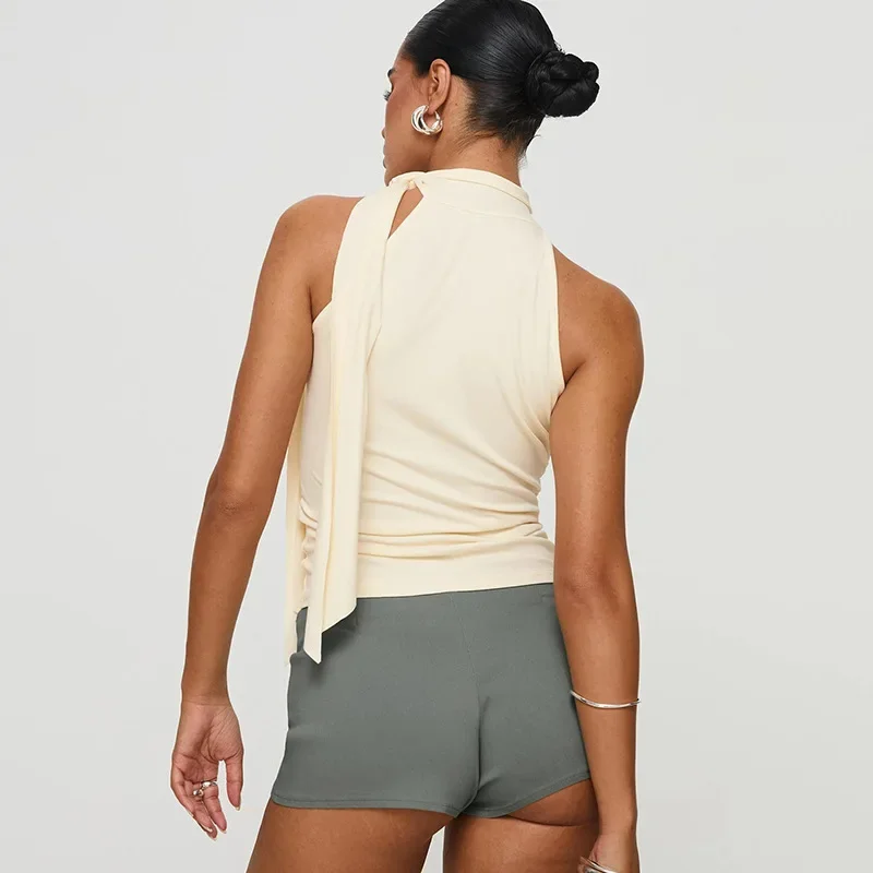 2025 Summer Women Solid Lace Up Ribbon Halter Tank Crop Tops Sexy Turtleneck Sleeveless Slim Casual All Matching Vest Streetwear
