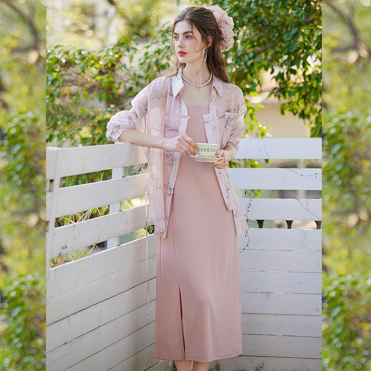 LOUIS YAO Elegant Two-Piece Set 2026 Spring/Autumn Fashion Dress Sets Long Camisole Dress & Lapel Printed Shirt Women's Outfit