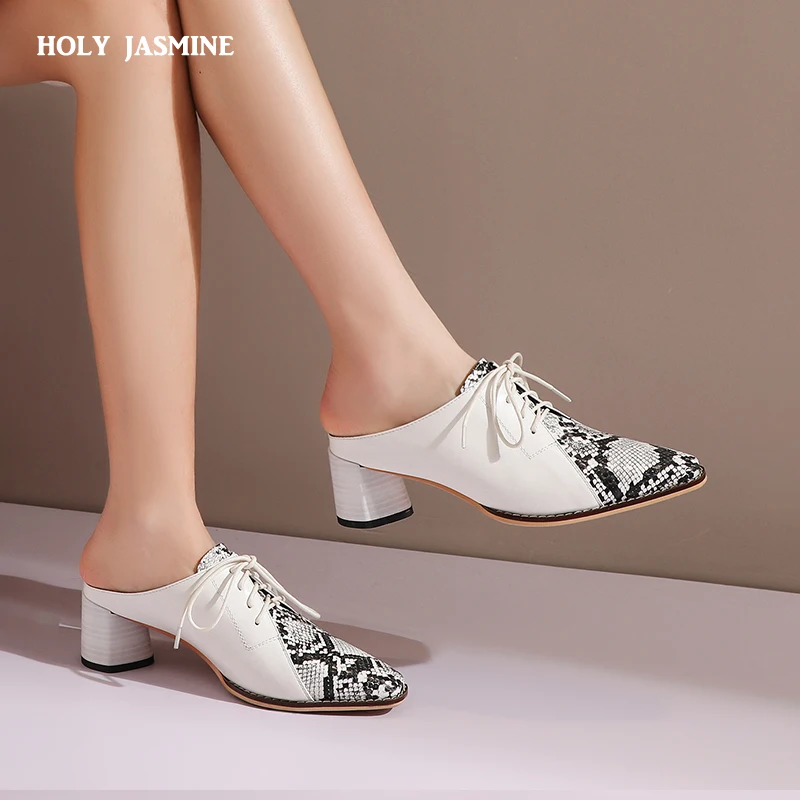 2023 Lace-up Muller Shoes Women Pumps Spring Summer Mature Retro PU Leather Fashion Chain Pointed Toe Thick Heels Shoes Woman