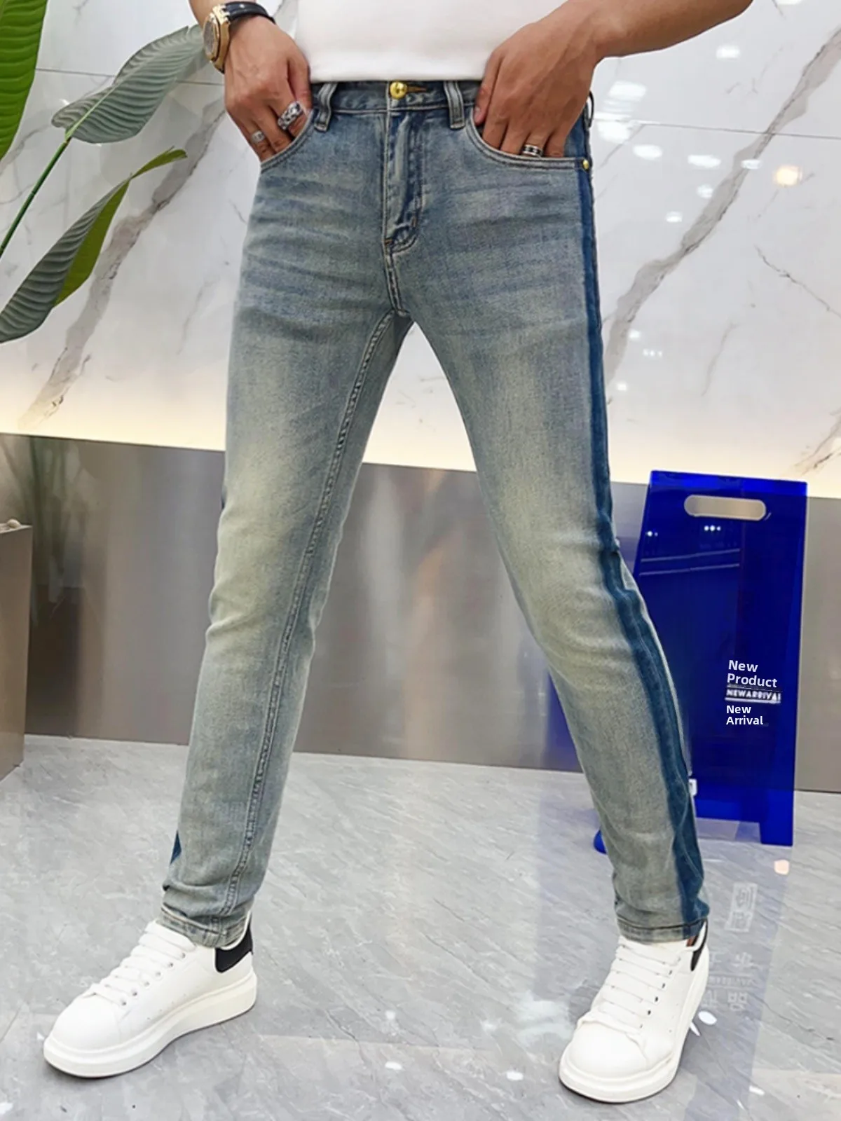 

Summer Men's Slim Fit Stretch Denim Jeans Side Stripe Casual Versatile Elastic Waist Long Pants Youth Trend High Elasticity