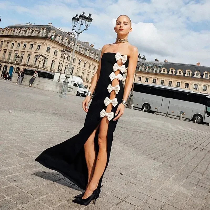 Mutterschaft eine Schulter Bandeau Kleid Damenmode sexy Schmetterling Bogen rücken frei Maxi kleid