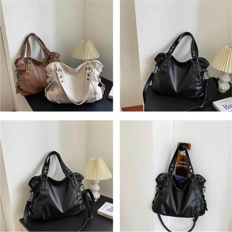 Bolsas de ombro pretas de grande capacidade para mulheres, bolsa de compras monocromática, couro macio, bolsa crossbody, sacola de viagem senhora