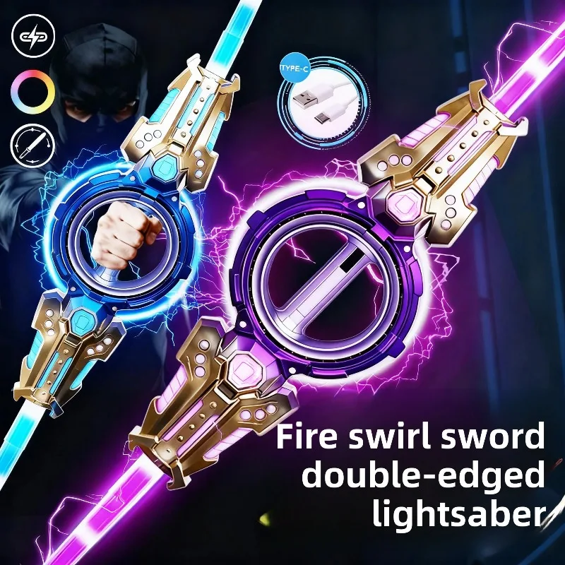 Feuer-Spin Doppelklingen-Lichtschwert - LED Leuchtendes Spielzeugschwert mit Typ-C-Ladung, Cooles Kinder-Fantasie-Spielzeug