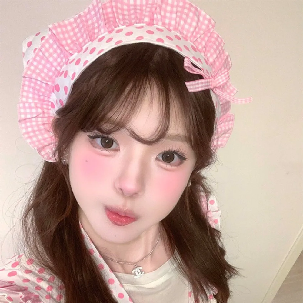 Gorros Y2K, bufanda para el pelo de cocinero inteligente, pinza para el pelo con lazo, banda para el pelo de lunares rosas, Bandana de encaje a cuadros suave y dulce, ropa de calle