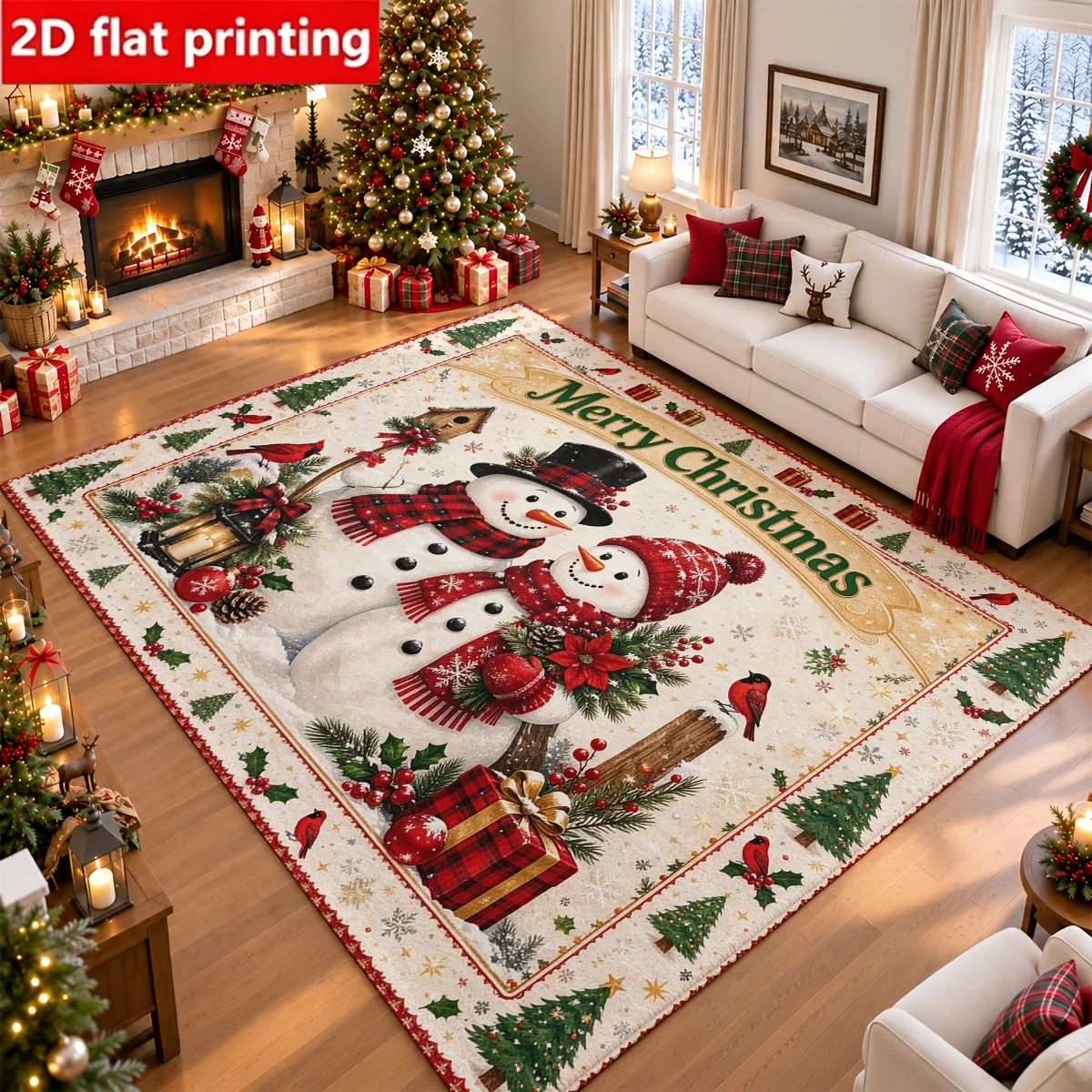 1pc 2D Flat Merry Christmas Double Snowman Red Bird Gift Box Poinsettia Printed Floor Mat, Decorative Rug for Living Room