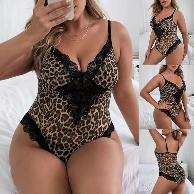 Body com estampa de leopardo feminino, cinta de espaguete de peça única, decote em v sem mangas, renda oca, lingerie sexy, camisola magra, tamanho