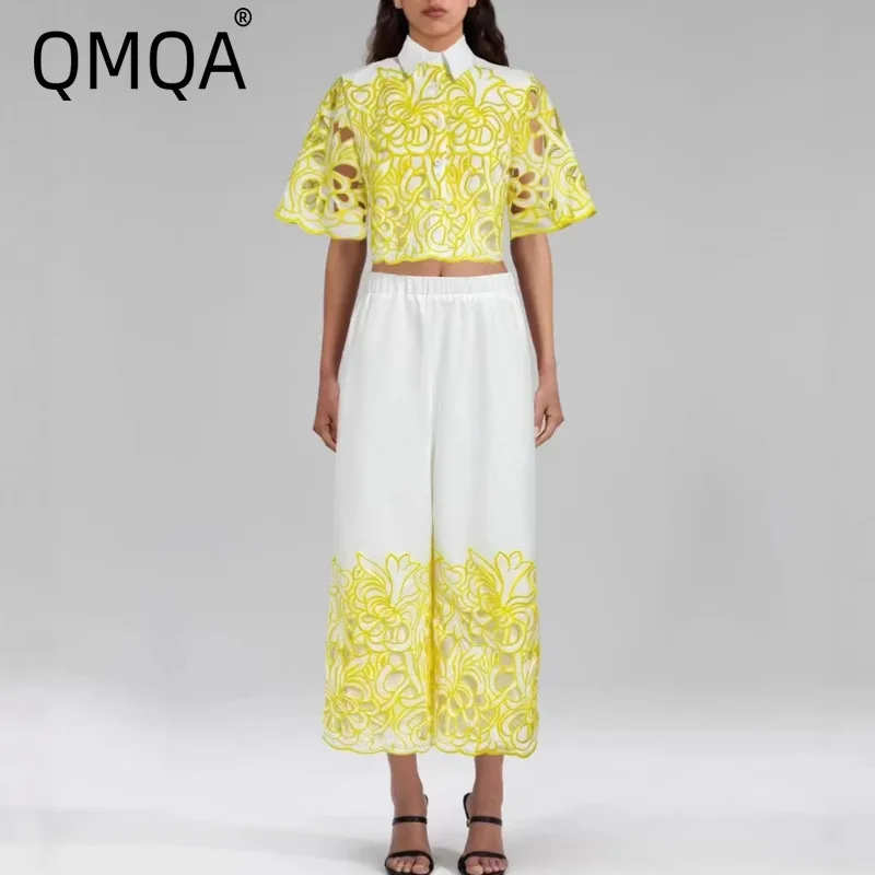 

QMQA Fashion Women's Floral Embroidery Hollow Out 2 Piece Set Lapel Short Sleeve Tops High Waist Pants Sets 2025 Female QM795