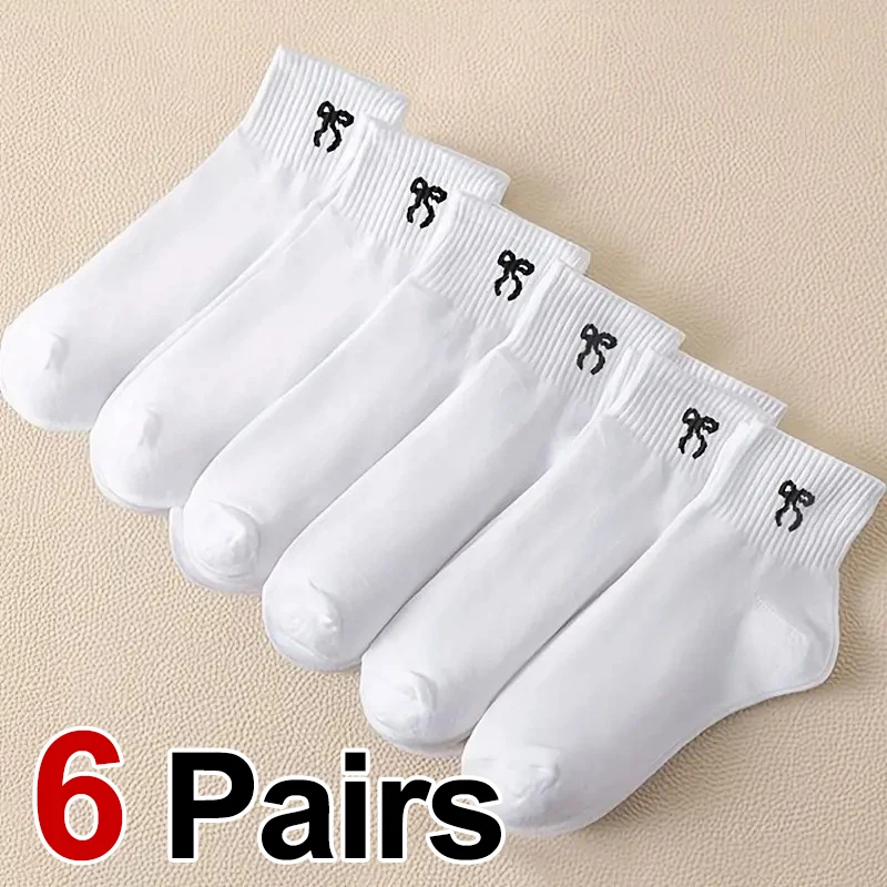 6-Paar Damen-Socken mit einfarbiger Schleife und mittlerer Röhre, schweißabsorbierend, atmungsaktiv, modisch, einfach, für alle Jahreszeiten, Sport- und Freizeitsocken