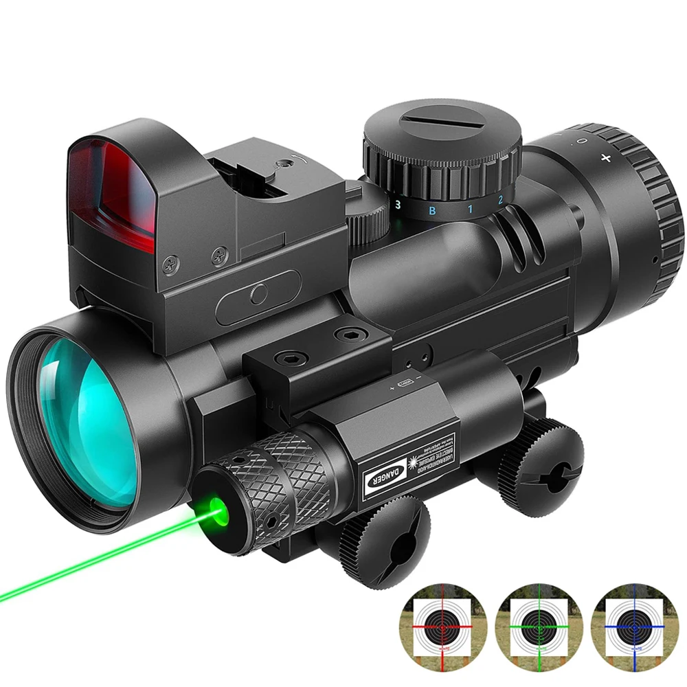 4x32 Rifle Scope with 3 MOA Red Dot Sight and Green Laser for 20mm Rails Long Guns RGB Illuminated Rangefinder Scope Combo