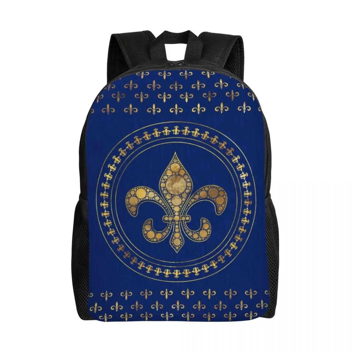 Personalized Fleur-De-Lys Gold And Royal Blue Backpacks Women Men Bookbag for College School Fleur De Lis Lily Flower Bags