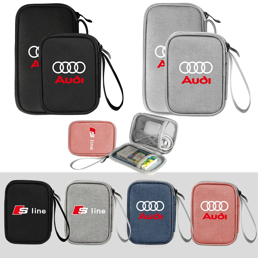 1pc For Audi Sline TT A1 A2 A3 A4 A5 A6 A7 A8 8P B6 B7 Q3 Q5 Q7 kuga S3 Car digital Supplies Storage bag USB Cable Storage Box 