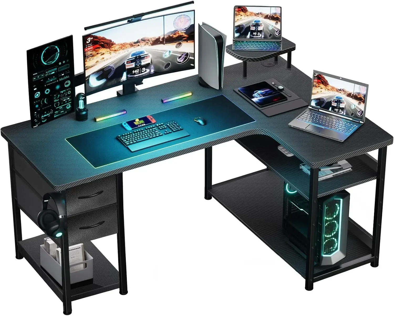 GTRACING Gaming Desk with Drawers, Carbon Fiber Style L Shaped Computer Desk Compatible with Monitor Arm Corner Desk Gaming