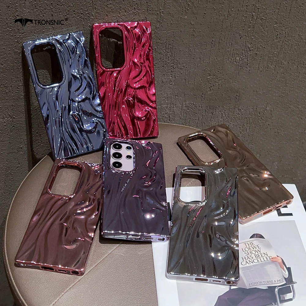 Custodia per telefono antirughe onda di lusso per Samsung S25 S24 S23 Plus Ultra morbida moda carina signora coppia lucida copertura placcata 3D blu pesca