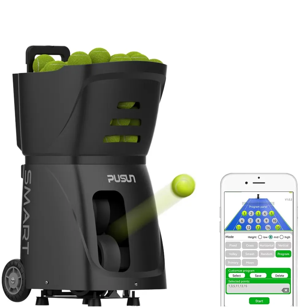 PUSUN Portable Durable Capacity 120 Ball APP Controlled Random Serve Training Tennis Padel Ball Trainer Machine Teaching Padel