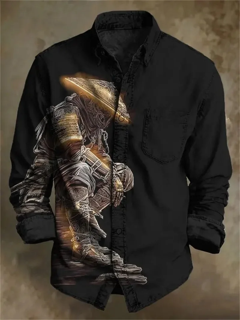 New Japanese ink wash yin-yang fish sitting warrior landscape 3D printed men's lapel long sleeved casual shirt