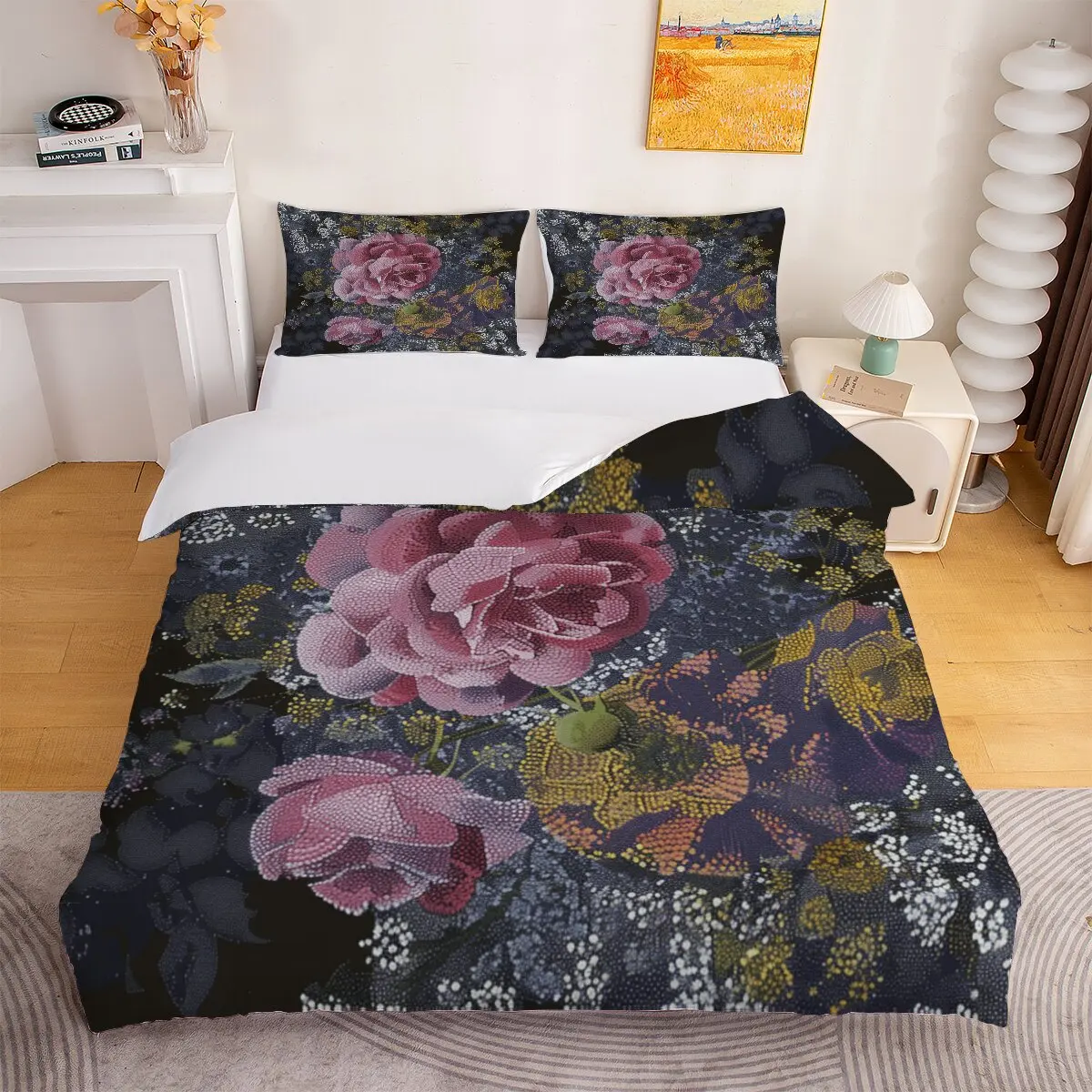 Pink rose  Duvet size  Blue background White flowers  Printed duvet cover 3-piece set with 2 pillowcases