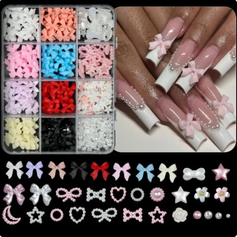 

12Grids/box Acrylic Charms Mixed Resin Bowknot Nail Art Decorations Kawaii Colorful Bow Rhinestone DIY Manicure Tools