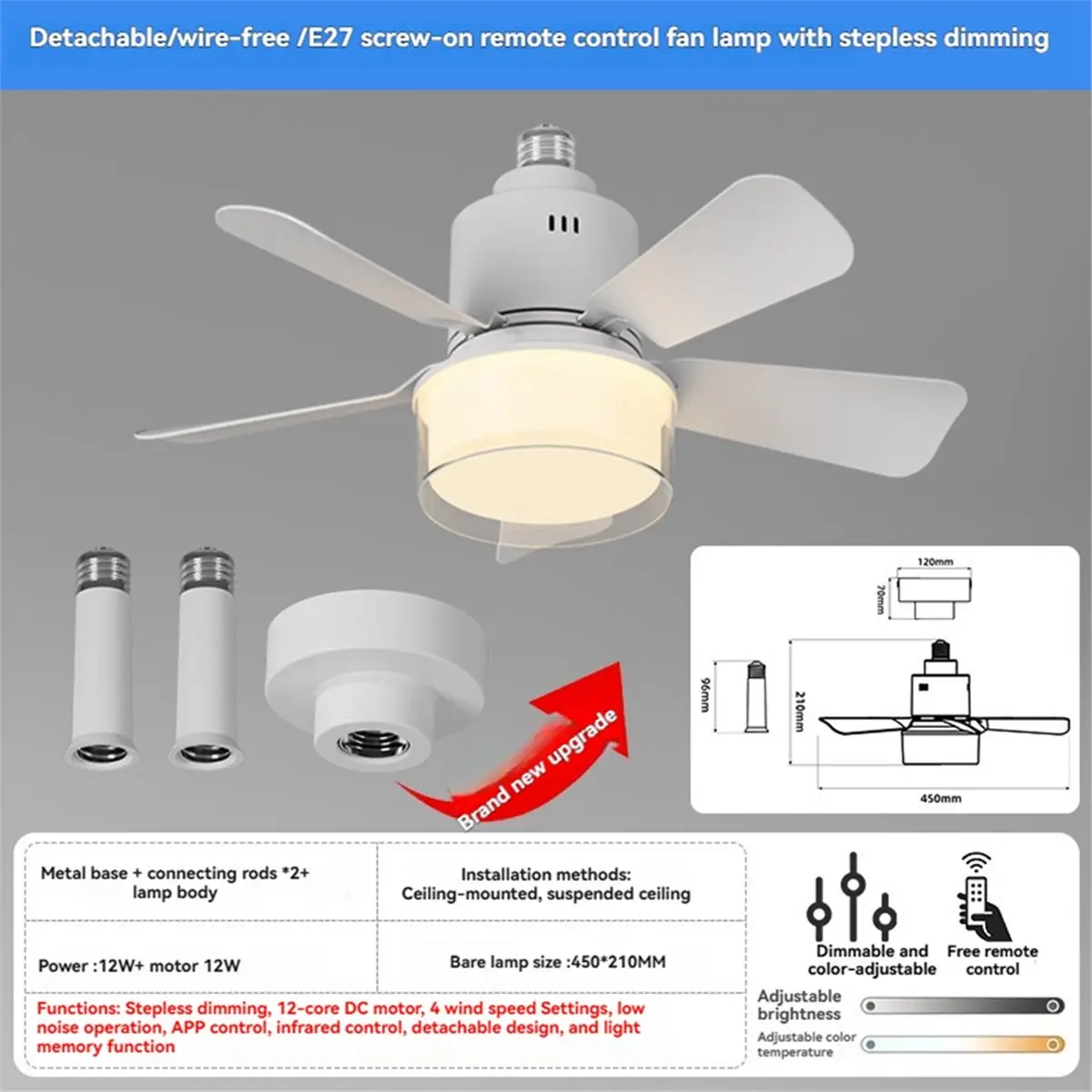 PROMOTION~ Socket Fan Light with Remote 24W 2000 Lumens E27 Light Bulb Fan 4 Speed Wind Screws in Ceiling Fans for Bedroom