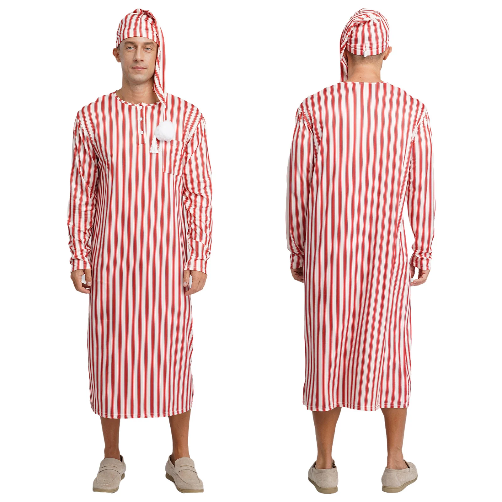 Męski szlafrok w paski z czapką, kompletny zestaw do spania, wygodny strój do wylegiwania się, odzież domowa na świąteczne noce.