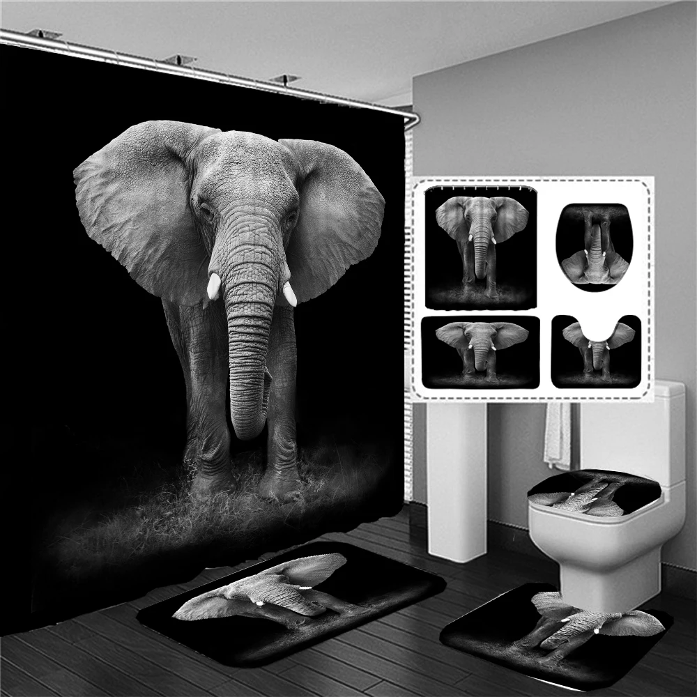 Animal Print Black Shower Curtains Lion Tiger 3D Bathroom Curtain Set Anti-slip Bath Mat Soft Toilet Lid Cover Home Rugs Carpets