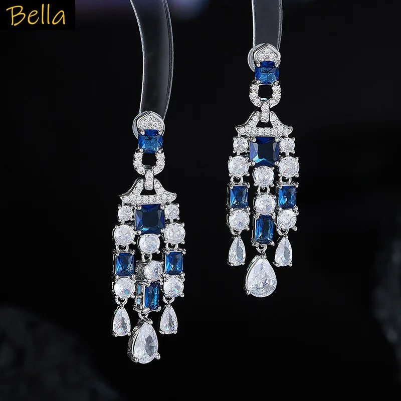 

women earrings zirconia fushia blue small square block tassel dangling earrings