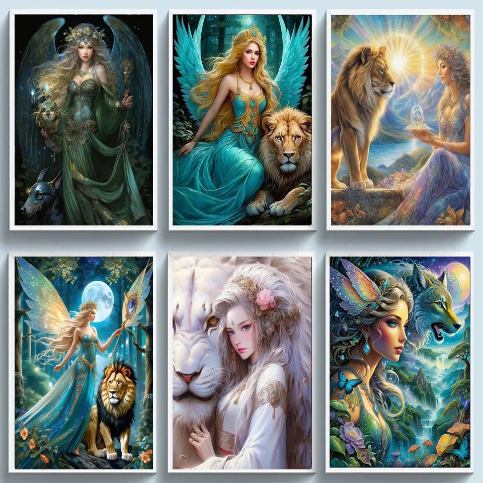 Fairy And Lion Wolf God New 2024 DIY Diamond Painting Kits Angel Girl Embroidery Cross Stitch Rhinestones Mosaic Handicraft