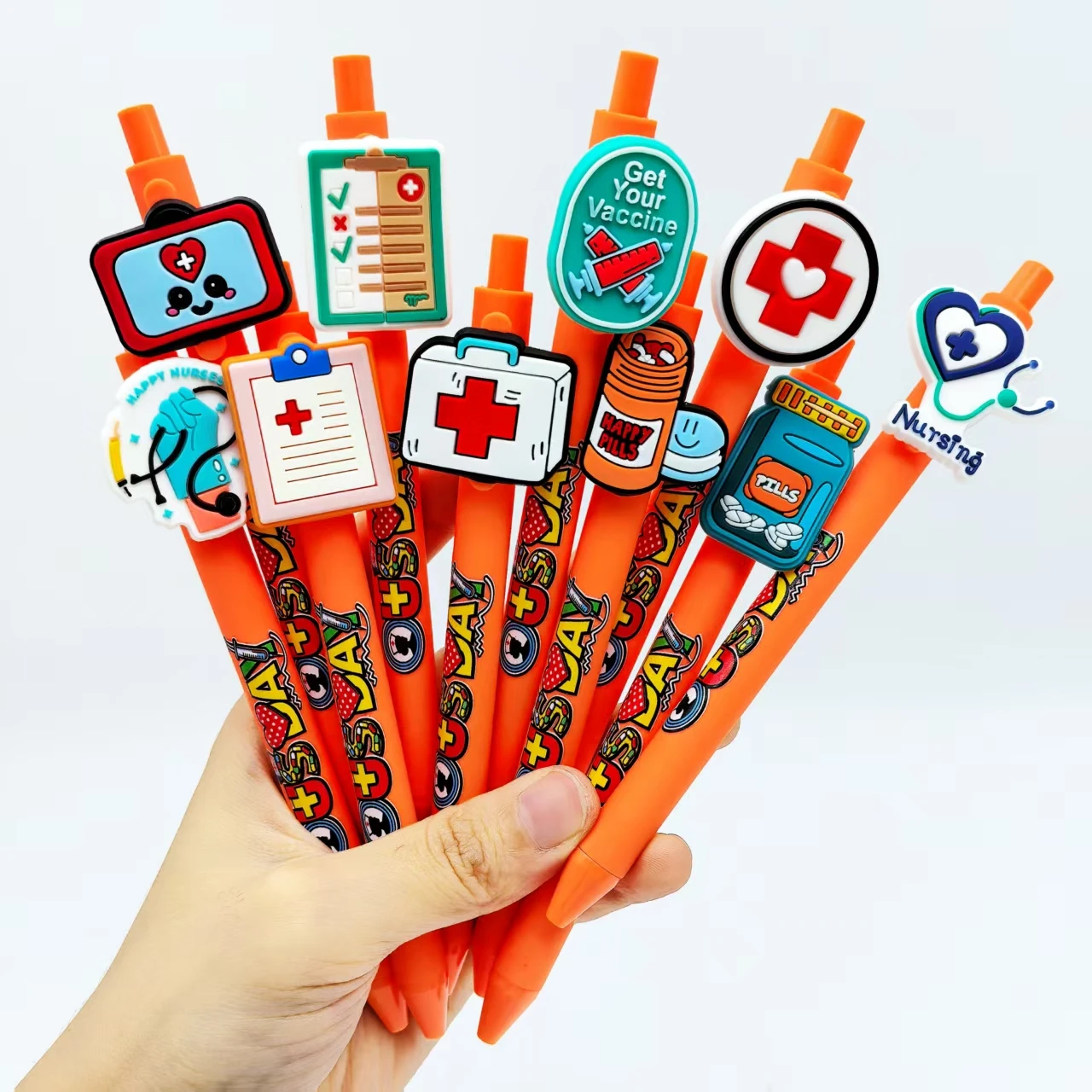 6 Stück/10 Stück/12 Stück/18 Stück orangefarbene Serie medizinische Pflegestifte, medizinische Schallplattenstifte in Buchform und Geschenkstifte für Krankenschwestern und Festivals