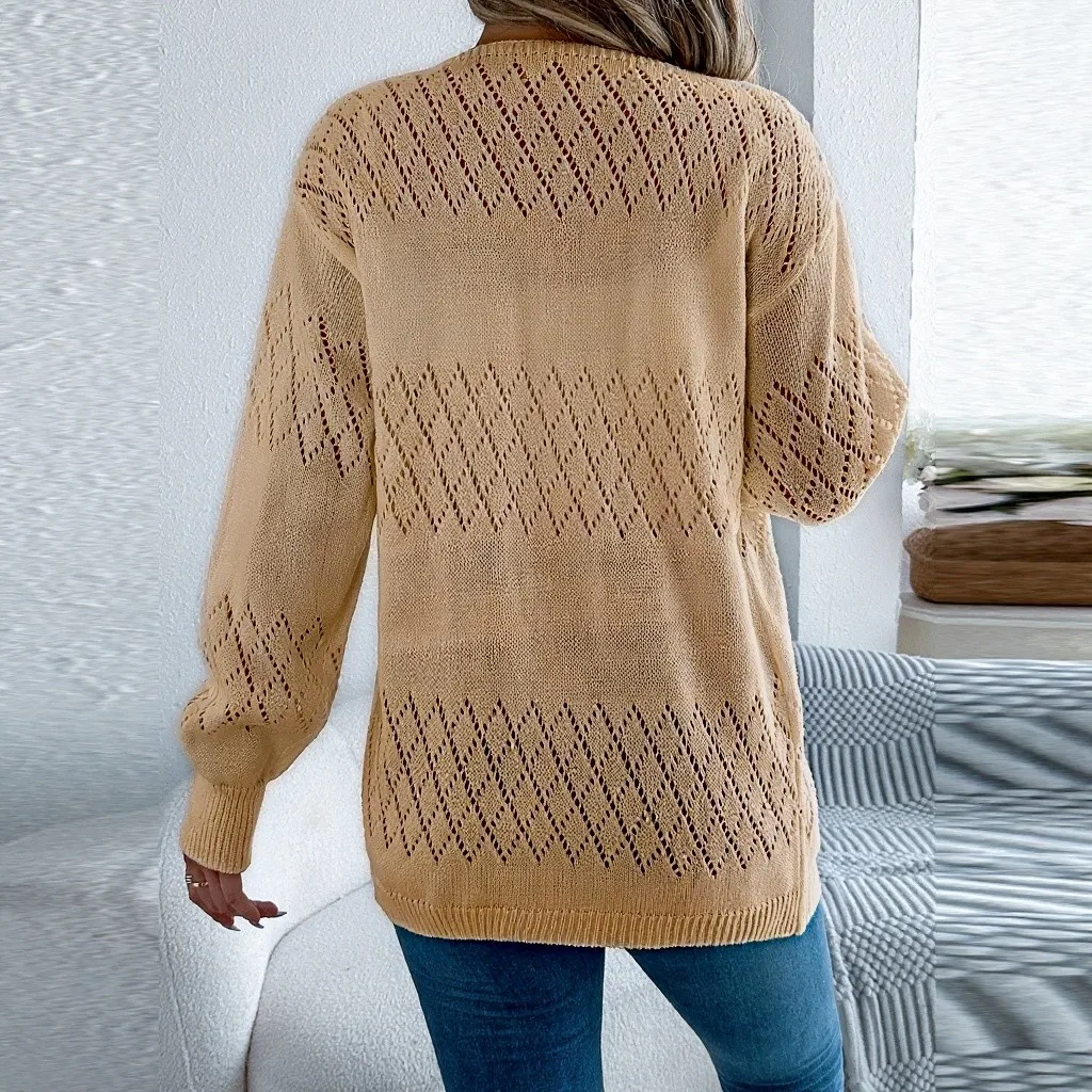 

Women'S Casual Solid Color Hollow Long Sleeve Cardigan Mid-Length Sweater Jacket Winter Clothes Woman Cardigan Mujer Hot