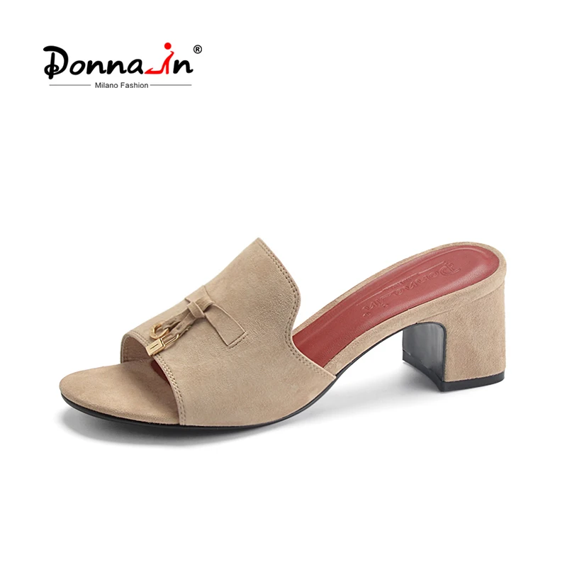 Donna-in Natural Suede Goatskin Charms Sandals Block High Heel Slip On Mules Trendy Orange Ladies Shoes Luxury Designer Brand