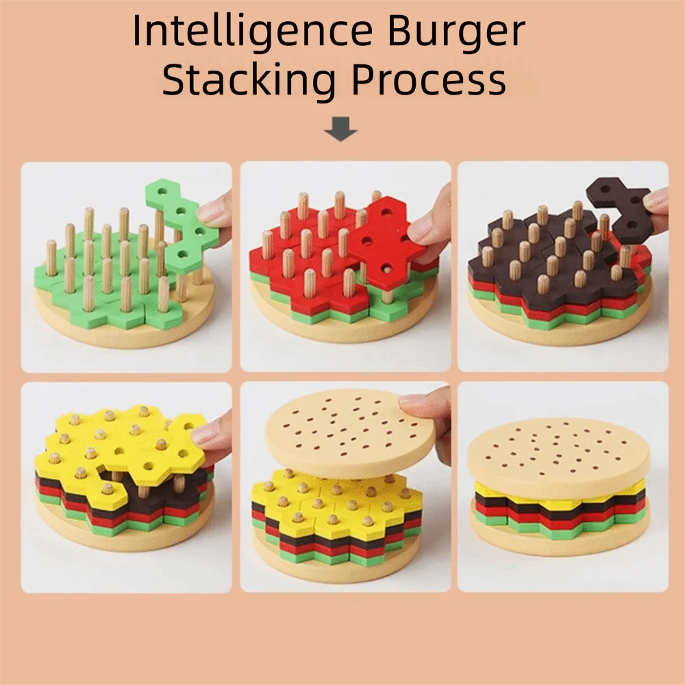 Creative 3D Burger Puzzle Toy Wood Blocks Color Cognition Montessori Stacking Toys Hexagonal Sleeve Column Geometric Shape
