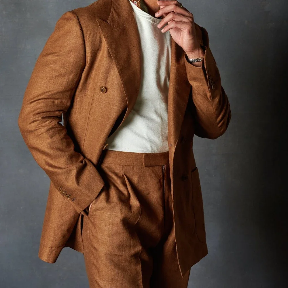 2024 Fashion Summer Linen Elegant Men Suit Casual Slim Fit Blazer Double Breasted High Quality Custom 3 Piece Set Costume Homme