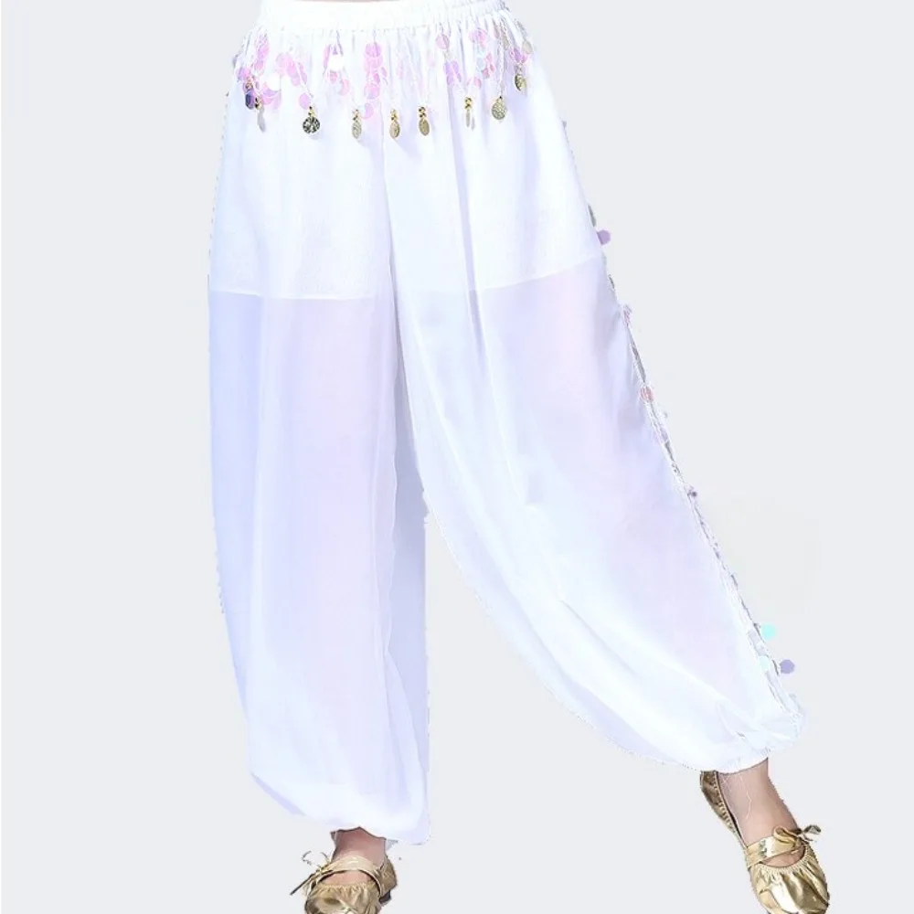 Buikdans chiffon broek voor dames - Broek met wijde pijpen en pailletten, lantaarnbroek voor Indiase en Xinjiang-danspodiumoptredens