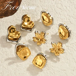 Freeteeme New Irregular Geometric Heart Stud Earrings for Women Stainless Steel Gold&Silver Color Plated Drop Studs Jewelry Gift