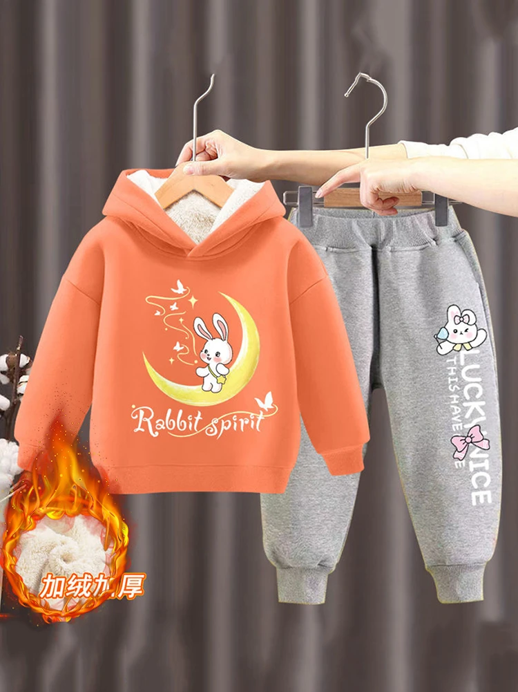 Winter Casual Kids Conjuntos Warm Print Hooded Sweatshirts Tops + Plush Lined Girls Jogger Pants Thicken Chirldren Tracksuit Set