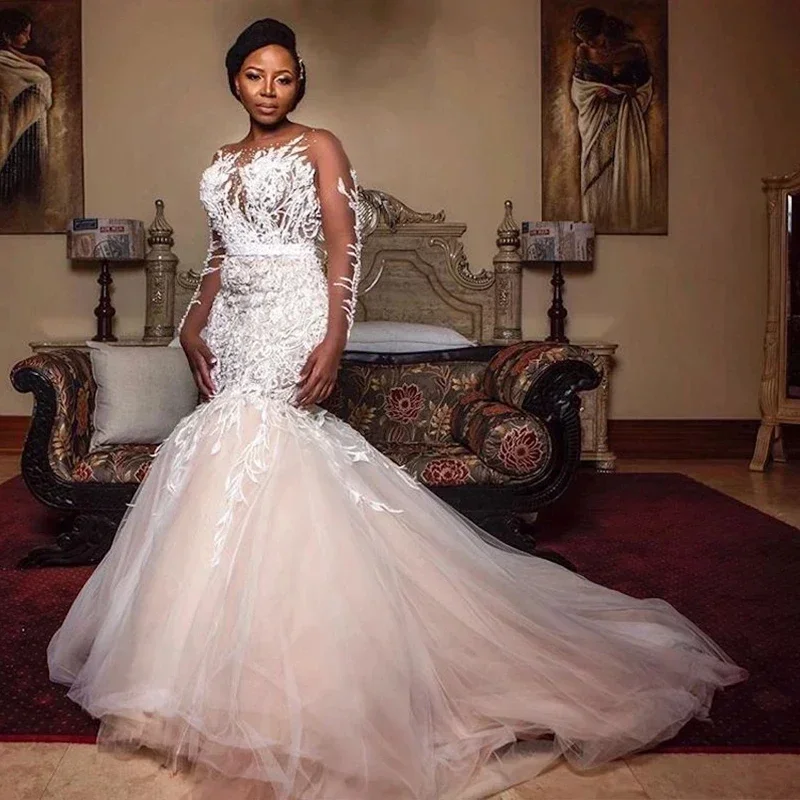 تخصيص زائد حجم حورية البحر فساتين الزفاف الأكمام الطويلة يزين تول طول الأرض مخصص زي العرائس الأفريقي ث