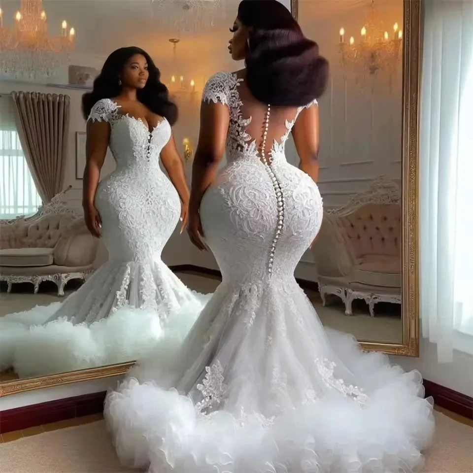 

Luxurious Aso Ebi Lace Mermaid Wedding Dresses Ruffles Transparnet Back Short Sleeves African Bridal Gowns Customized