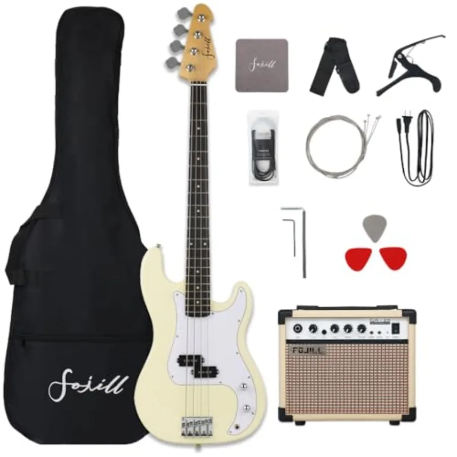 

Full Size 4 String Electric Bass Guitar with 20W Amplifier Combo Bundle in Cream for Beginners Includes Gig Bag Strap Picks Cap