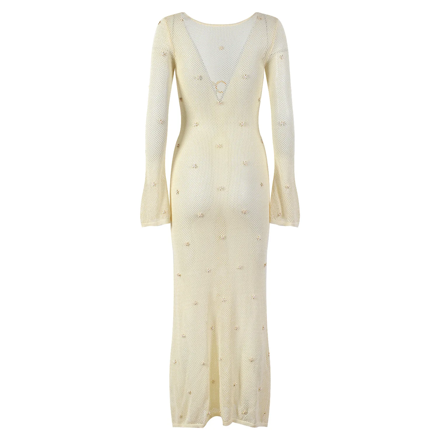 2025년 여름 섹시한 홀로우 아웃 니트 허리 조임 드레스 로우 컷 캐주얼 여성 기본 슬리브 롱 드레스