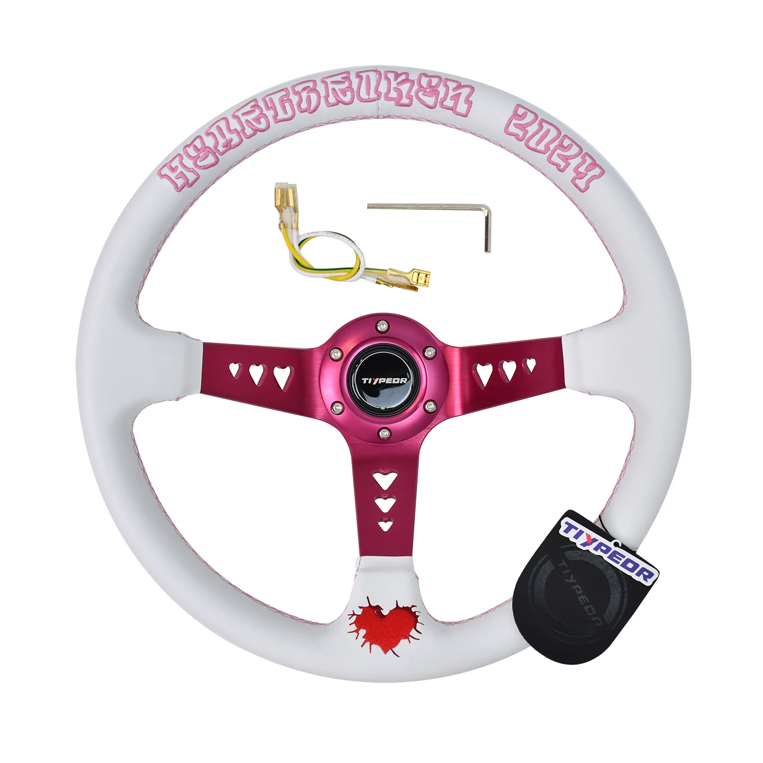 Tiypeor JDM Style 345mm White Leather Embroidery Steering Wheel for Sim Racing Gaming
