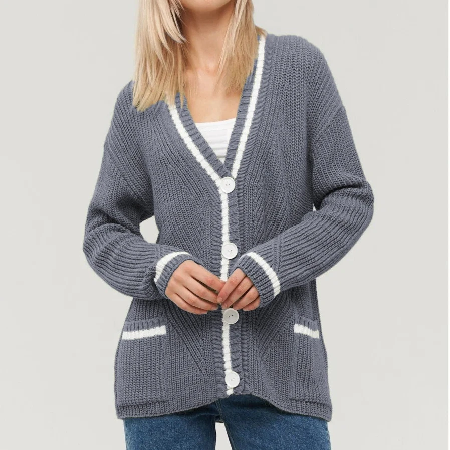 Damski kardigan dziergany sweter jesień zima uniwersalny dekolt w serek kieszeń dopasowanie kolorów dziergane swetry z długim rękawem kurtka damska
