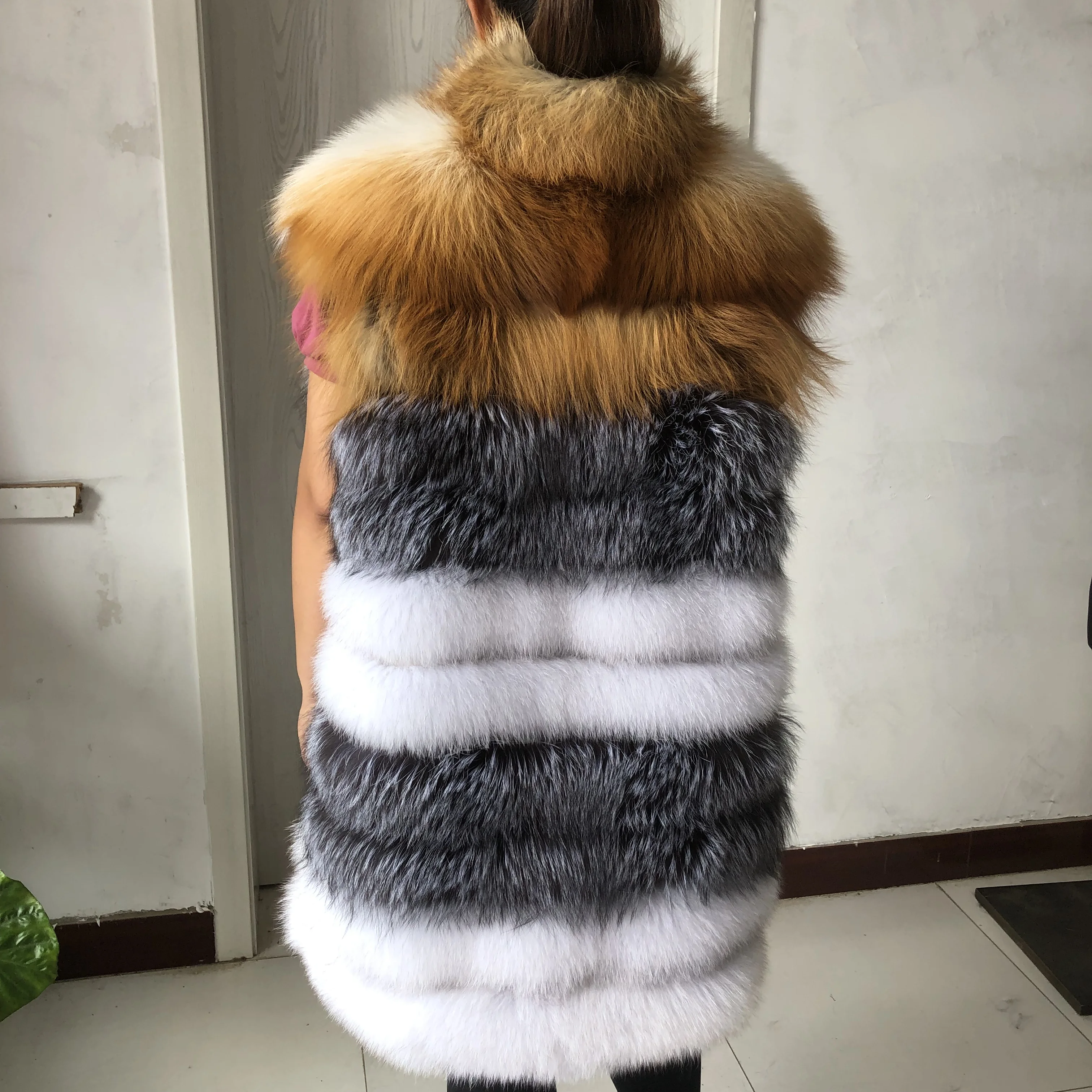 Women's Spring Autumn Long Natural Fur Vest Plus Stand Collar Real Fox Fur and Silver Fox Red Fox Fur Mix Long Fashion Tank Top