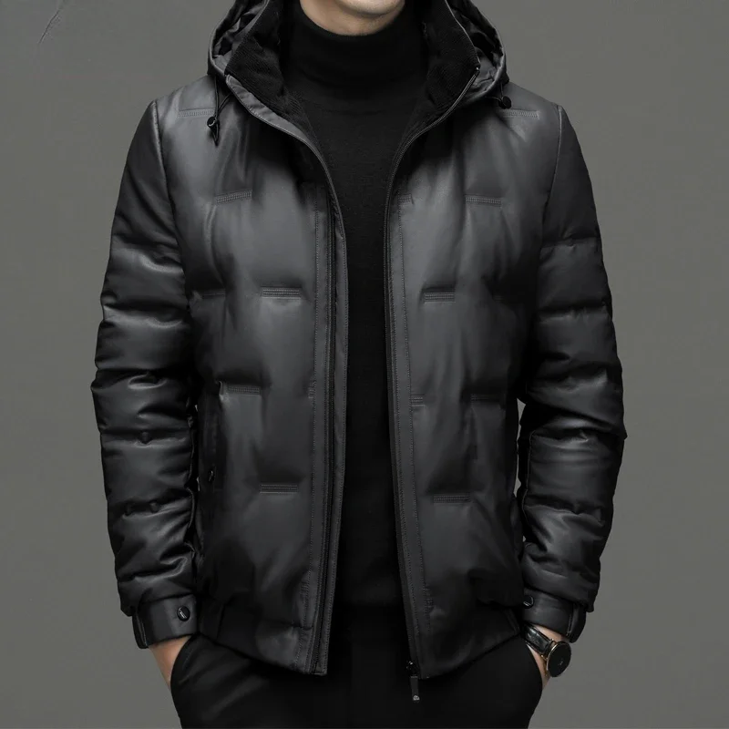 

Genuine Leather Jacket Men 90% White Duck Down Coats Warm Winter Coat for Man Clothes 7XL Fashion Male Leather Jackets Hooded