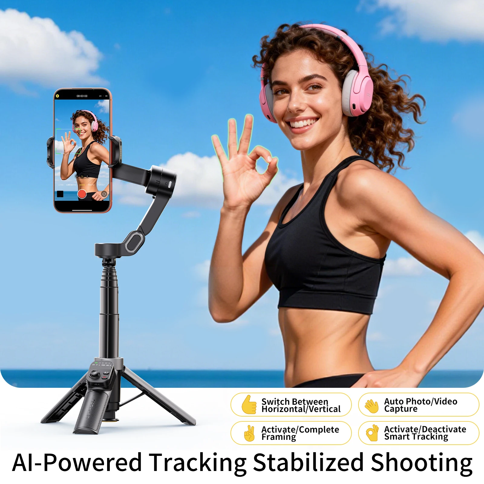AOCHUAN Handheld Gimbal Stabilisator Smart X3 mit KI-Tracking und integrierter 51CM Verlängerungsstange für iPhone 17 16 15 Android Vlog-Aufnahmen
