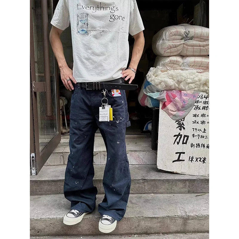 Retro American Vibe Men's Jeans Distred Waed Loose Straight Leg Durable Casual Trousers for Daily Commuting School