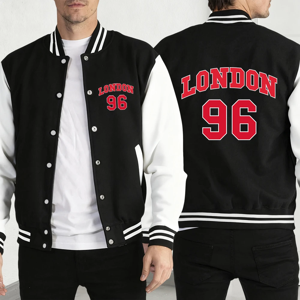 

Мужская бейсбольная куртка с рисунком Лондон 96, винтажное флисовое пальто в стиле Харадзюку, спортивная повседневная модная одежда, свободные топы на пуговицах унисекс